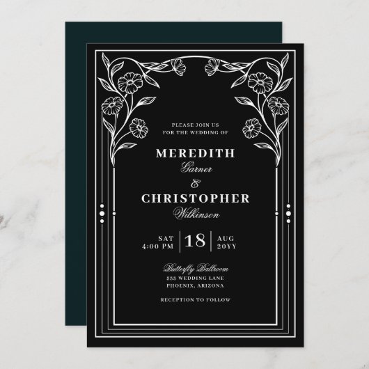 Schwarz-weiße Vintage Hochzeit Einladung (Vorne/Hinten)