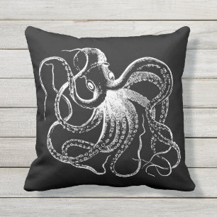 Schwarz-weiße Vintage-Oktopus-Illustration Kissen