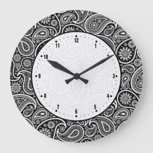 Schwarz-weiße Vintage-Paisley-Damaske Große Wanduhr
