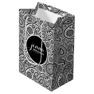 Schwarz-weiße Vintage-Paisley-Damaske Mittlere Geschenktüte