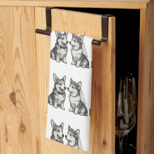 Schwarz-weiße Vintage-whimsical-Corgi-Hochzeit  Geschirrtuch