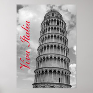 Schwarz-weiße Viva Italia Schiefer Turm von Pisa Poster