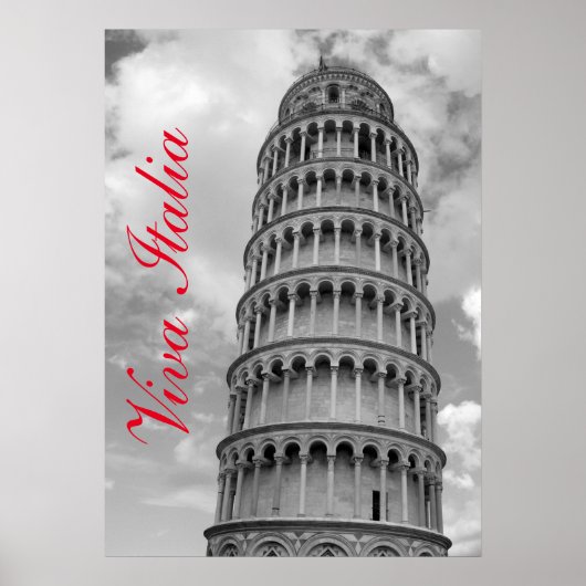 Schwarz-weiße Viva Italia Schiefer Turm von Pisa Poster (Vorne)