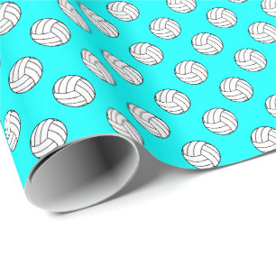 Schwarz/Weiße Volleyballbälle auf Aqua Blau Geschenkpapier