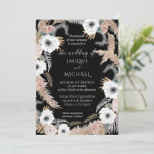 Schwarz-weiße Wasserfarbe Floral BOHO Pampas Tropi Einladung (Stehend Vorderseite)