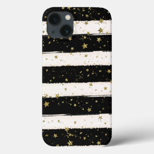 Schwarz-weiße Wasserfarben Streifen Gold Glitzer S iPhone 13 Hülle