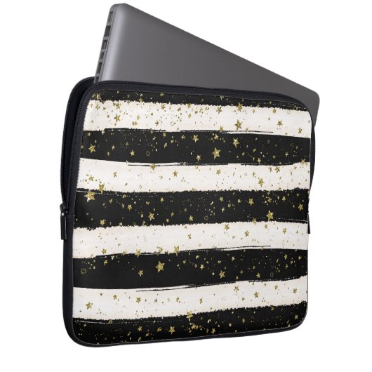Schwarz-weiße Wasserfarben Streifen Gold Glitzer S Laptopschutzhülle (Vorne Rechts)