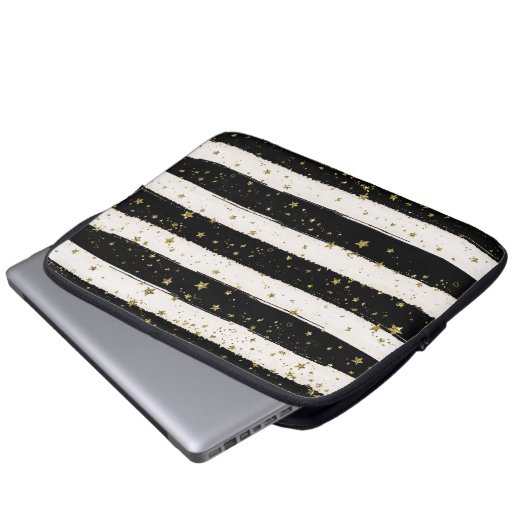 Schwarz-weiße Wasserfarben Streifen Gold Glitzer S Laptopschutzhülle (Vorne Knopf)
