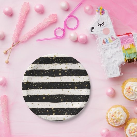 Schwarz-weiße Wasserfarben Streifen Gold Glitzer S Pappteller (Party)