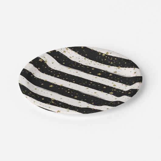 Schwarz-weiße Wasserfarben Streifen Gold Glitzer S Pappteller (Schrägansicht)