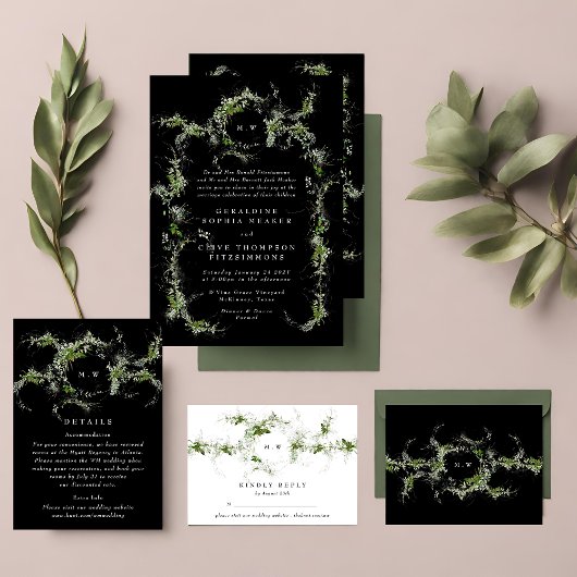 Schwarz-weiße Website | Eukalyptus Monogram Weddin RSVP Karte