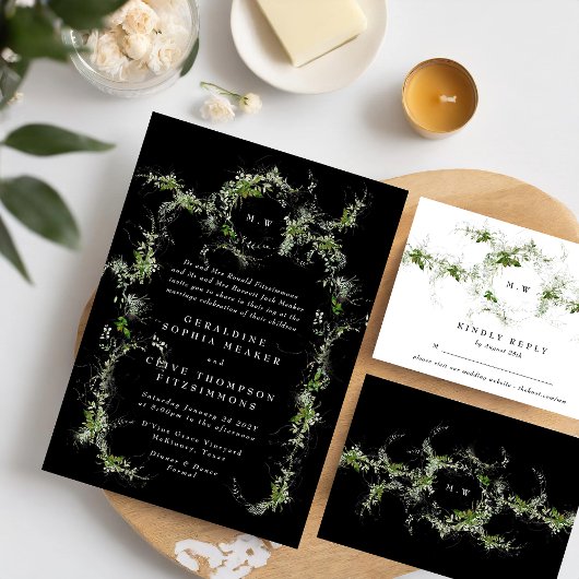 Schwarz-weiße Website | Eukalyptus Monogram Weddin RSVP Karte