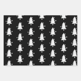 Schwarz, weiße Weihnachten, Bäume, Schneeflocken U Geschenkpapier Set