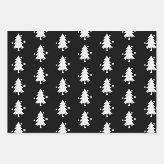 Schwarz, weiße Weihnachten, Bäume, Schneeflocken U Geschenkpapier Set (Vorderseite)