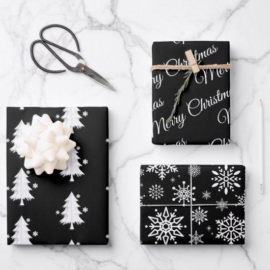 Schwarz, weiße Weihnachten, Bäume, Schneeflocken U Geschenkpapier Set (Vorderseite)