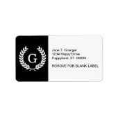 Schwarz-weiße Wheat Laurel Wreath Initial Monogram Adressaufkleber (Vorne)