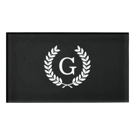 Schwarz-weiße Wheat Laurel Wreath Initial Monogram Namenschild (Vorderseite)