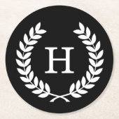 Schwarz-weiße Wheat Laurel Wreath Initial Monogram Runder Pappuntersetzer (Vorderseite)