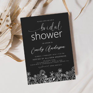 Schwarz-weiße Wildblume Brautparty Elegante Einladung