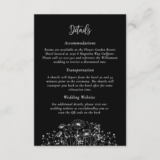 Schwarz-weiße Wildblume QR Code Details Hochzeit Begleitkarte (Vorderseite)