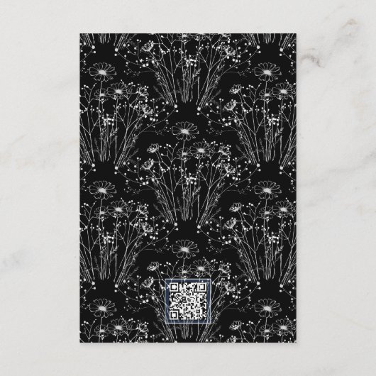 Schwarz-weiße Wildblume QR Code Details Hochzeit Begleitkarte (Rückseite)