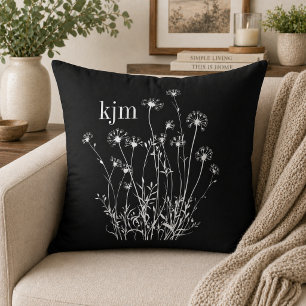 Schwarz-weiße Wildblumen-Monogramm Kissen