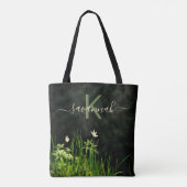 Schwarz-weiße Wildblumen-Monogrammnamenskript Tasche (Rückseite)