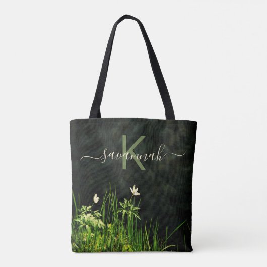 Schwarz-weiße Wildblumen-Monogrammnamenskript Tasche (Rückseite)