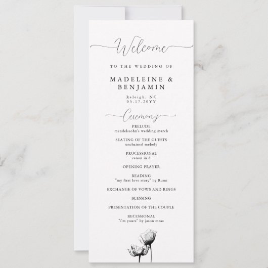 Schwarz-weiße Wilde Poppies Elegantes Hochzeitspro (Vorderseite)