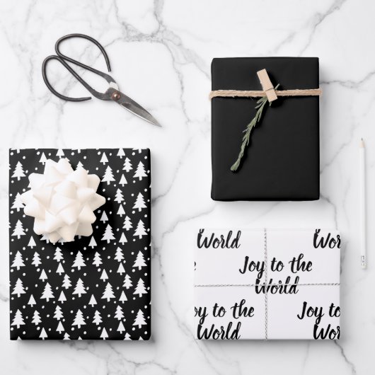 Schwarz-weiße Winterbaumfreude an der Welt Geschenkpapier Set (Vorderseite)