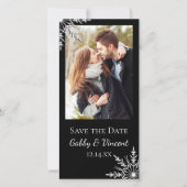 Schwarz-weiße Winterhochzeit mit Schneeflocken Sav Save The Date (Vorderseite)