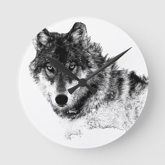 Schwarz-weiße Wolf-Augen Runde Wanduhr (Vorderseite)
