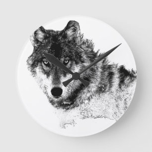 Schwarz-weiße Wolf-Augen Runde Wanduhr