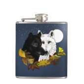 Schwarz Weiße Wölfe Mondlicht Herbstblätter Flachmann (Vorderseite)