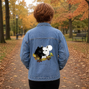 Schwarz Weiße Wölfe Mondlicht Herbstblätter Jeansjacke