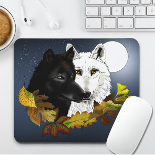 Schwarz Weiße Wölfe Mondlicht Herbstlaub Mousepad