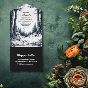 Schwarz-weiße Woodland Adventure Baby-Dusche All In One Einladung