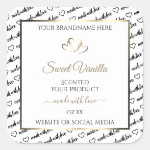 Schwarz-weiße Word Cloud Product Labels Gold Heart Quadratischer Aufkleber
