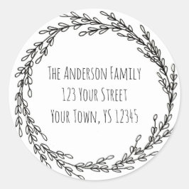 Schwarz-weiße Wreath-Floral-Adresse Runder Aufkleber
