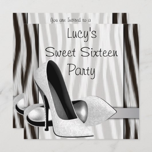 Schwarz-weiße Zebra High Heel Schuhe Sweet 16 Part Einladung (Vorne/Hinten)