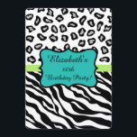 Schwarz-weiße Zebra Leopard Skin 60. Geburtstagspa Einladung<br><div class="desc">Passen Sie diese raffinierte Einladung für eine 60. Geburtstagsfeier oder eine andere Veranstaltung an. Einfach für ein weiteres Jahr individuell zu gestalten. Das Design besteht aus schwarz-weißen Zebrastreifen und Leoparden- oder Cheeta-Skins, die für ein modernes Design kombiniert werden. Ein türkisfarbenes, aquamarin blaues Emblem, das in schwarz umrissen ist, sitzt auf...</div>