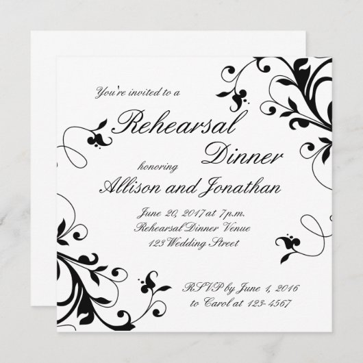 Schwarz-weißen Wirbel Probe Abendessen Einladung (Vorne/Hinten)