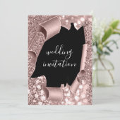 Schwarz-weißer 3D-Rose-Gold-Hochzeitstil-Glitzer Einladung (Stehend Vorderseite)