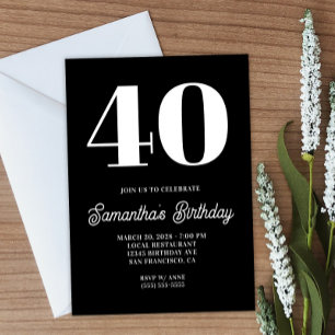 Schwarz-weißer 40. Geburtstag mit großer Zahl Einladung