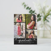 Schwarz-weißer Abschluss 4 Foto Modernes Script He Einladungspostkarte (Stehend Vorderseite)