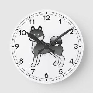 Schwarz-weißer Alaskan Klee Kai Cartoon-Hund Runde Wanduhr