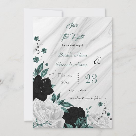 Schwarz-weißer aquamariner blumengrauer Marmor Sav Save The Date (Vorderseite)