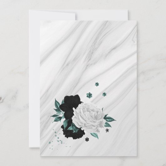 Schwarz-weißer aquamariner blumengrauer Marmor Sav Save The Date (Rückseite)