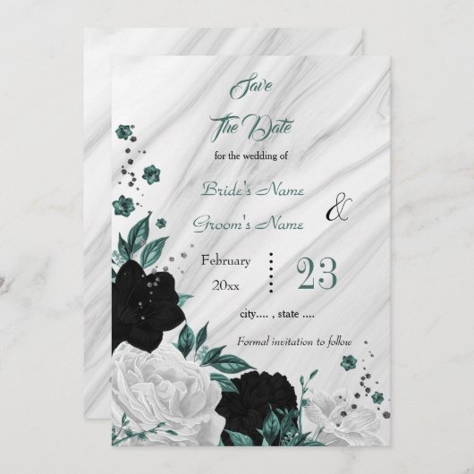 Schwarz-weißer aquamariner blumengrauer Marmor Sav Save The Date (Vorne/Hinten)