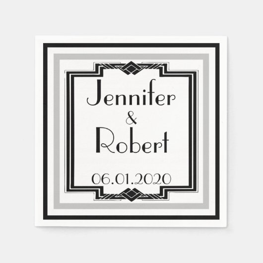 Schwarz-weißer Art-Deco-Rahmen mit Napkin Hochzeit Serviette (Vorderseite)